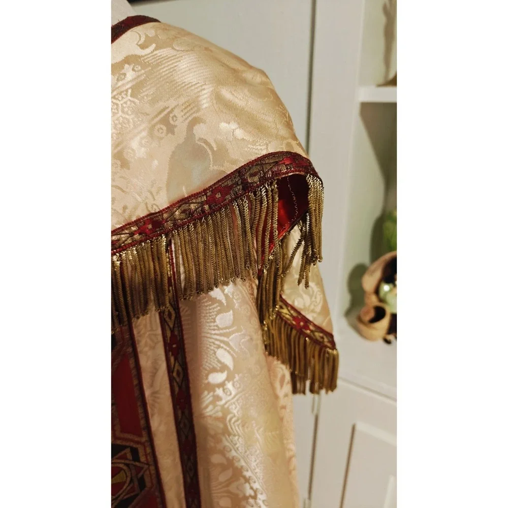 Antique Gothic Liturgical Chausable Cope Hand Painted Gold Boullion Fringe Silk